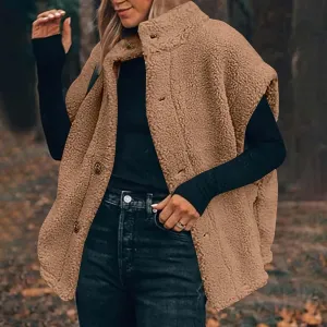 Fuzzy Fleece Vest for Women Casual Plus Size Button Down Sleeveless Jackets Loose Winter Warm Sherpa Vests Coat with Pockets