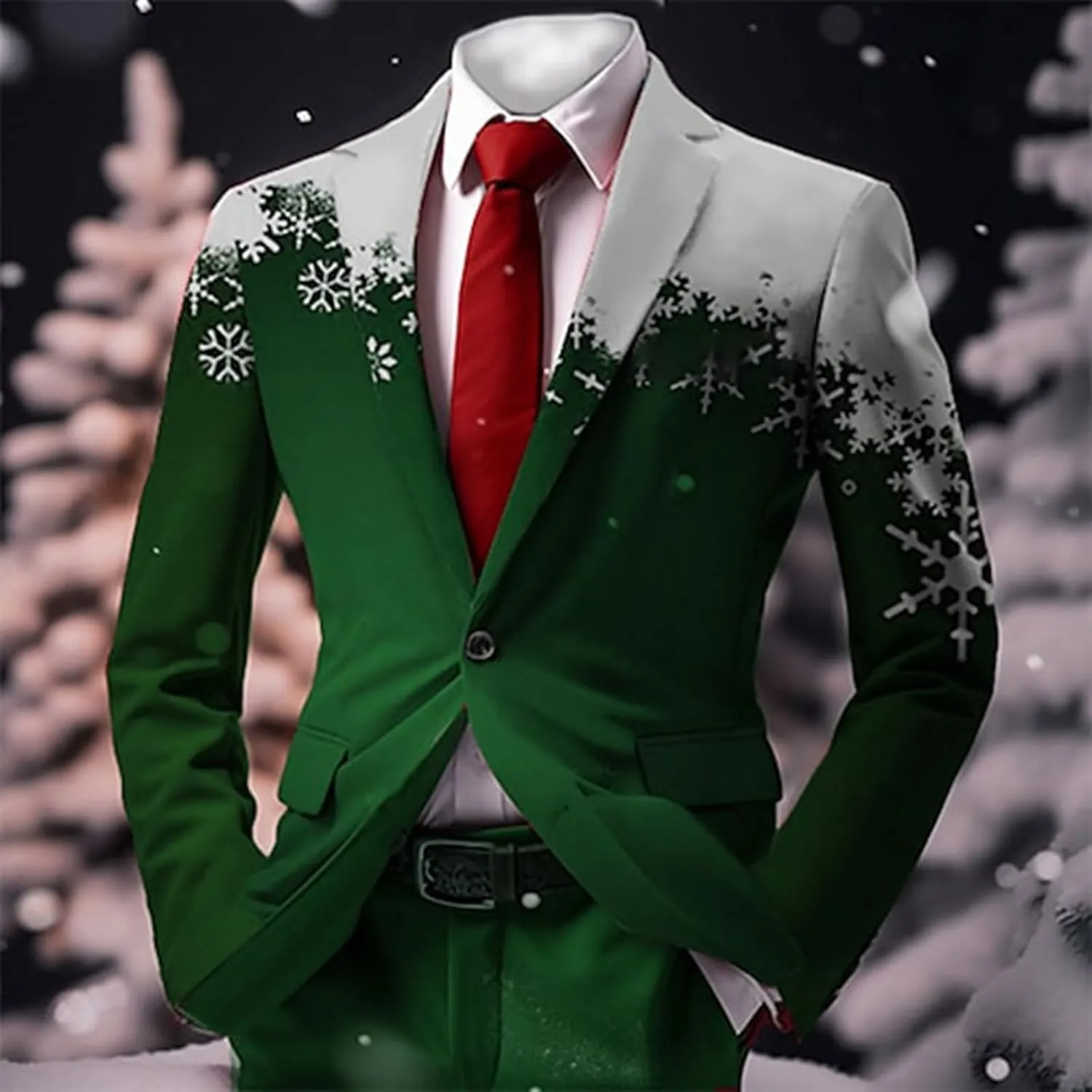 Fxbar Christmas Blazer for Mens Ugly Xmas Tree Snowflake Print Tuxedo Suit Jacket One Button Lapel Party Blazers