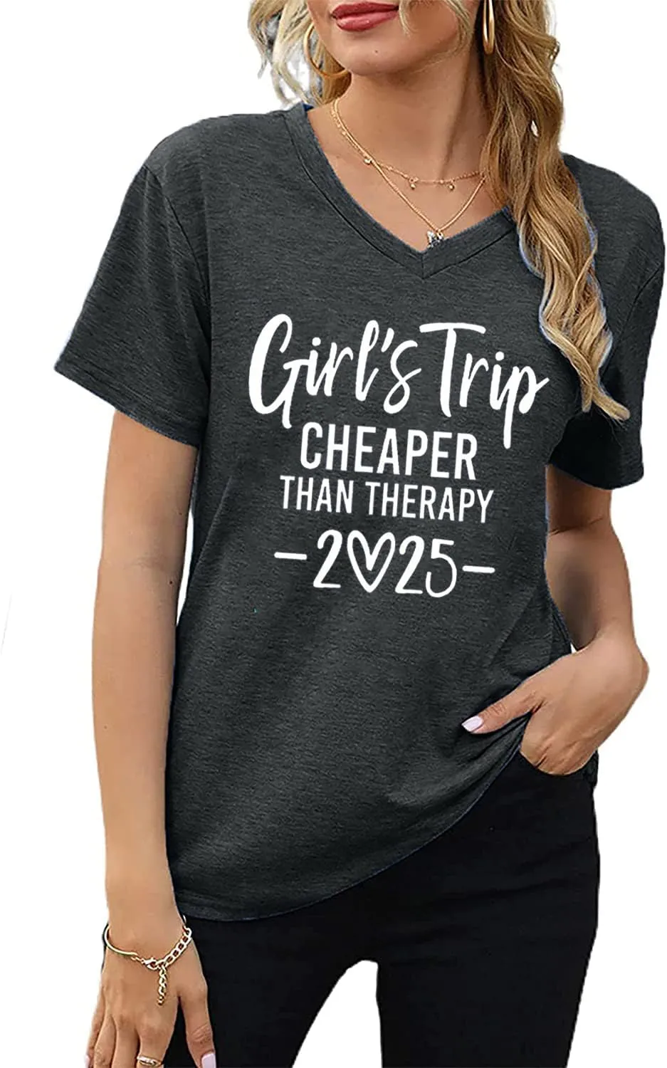 Girls Trip Cheaper Than Therapy Tshirt Women Funny Letter Print Short Sleeve V Neck T Shirt Summer Vacation Tees