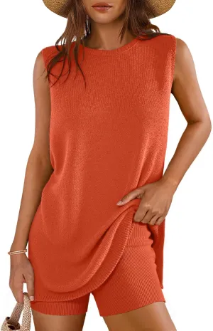 Glamaker Women's 2 Piece Short Sets Summer Lounge Sets Sweater Knit Beach Vacation Matching Sets Travel Outfits