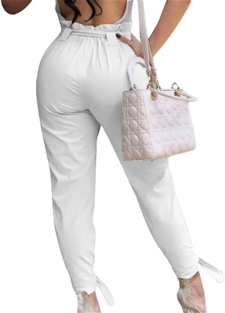 GOBLES Women Solid Casual Work Trousers High Waist Ruffle Bow Tie Pants