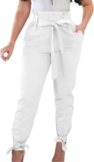GOBLES Women Solid Casual Work Trousers High Waist Ruffle Bow Tie Pants