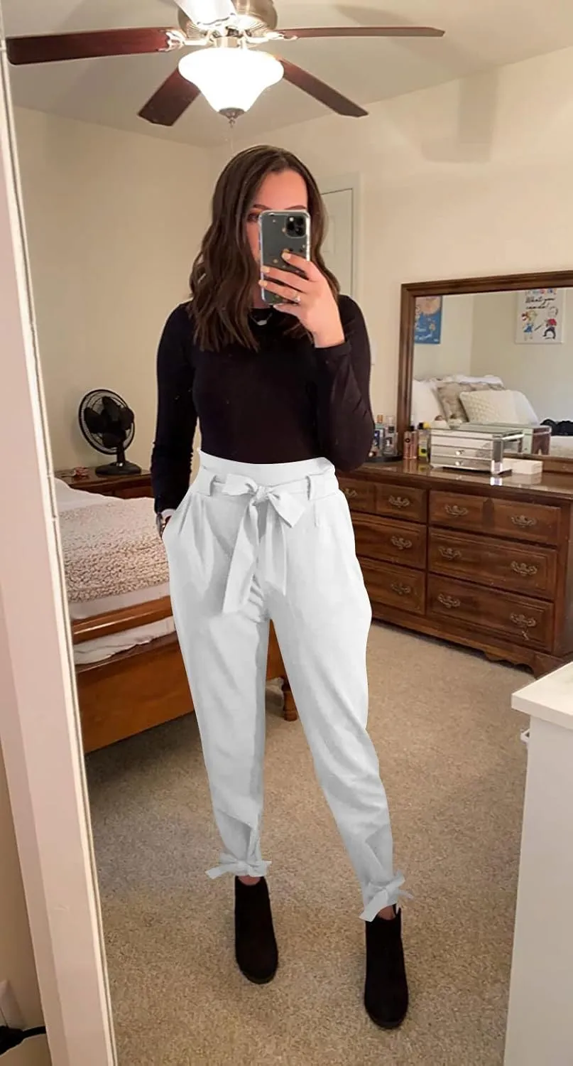 GOBLES Women Solid Casual Work Trousers High Waist Ruffle Bow Tie Pants