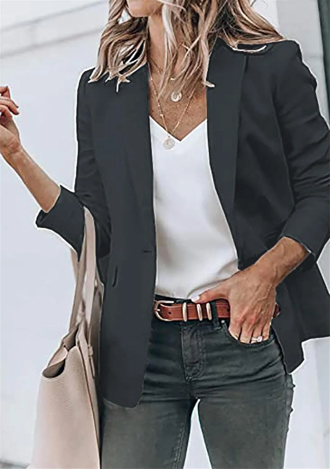 GORIFE Women's Casual Long Sleeve Button Lapel Blazer Jacket Loose Solid Color Work Office Blazer Coat