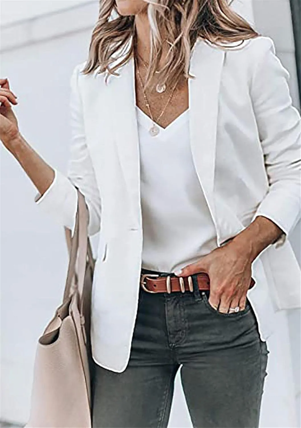 GORIFE Women's Casual Long Sleeve Button Lapel Blazer Jacket Loose Solid Color Work Office Blazer Coat