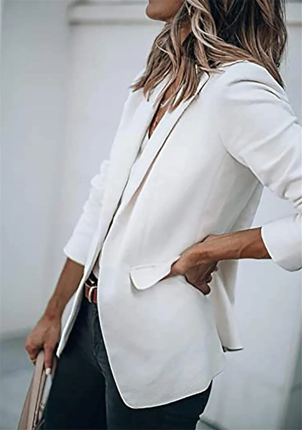 GORIFE Women's Casual Long Sleeve Button Lapel Blazer Jacket Loose Solid Color Work Office Blazer Coat