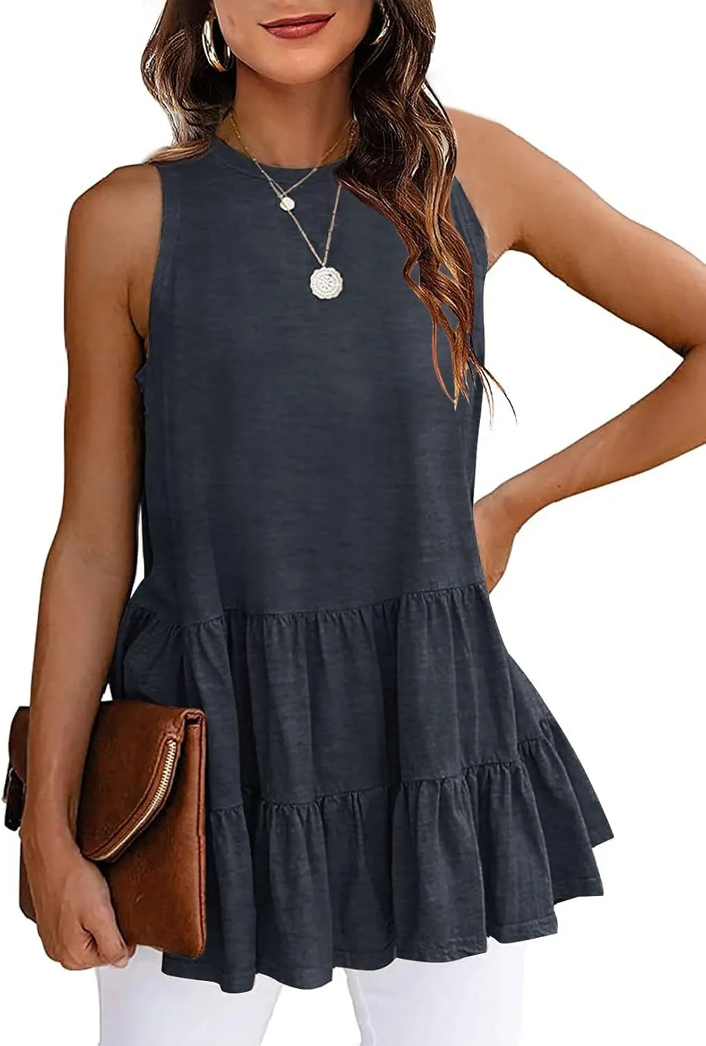 HAEOF Women's Summer Sleeveless Peplum Babydoll Tops Casual Crew Neck Flowy Loose Fit Tunic Tank Shirts