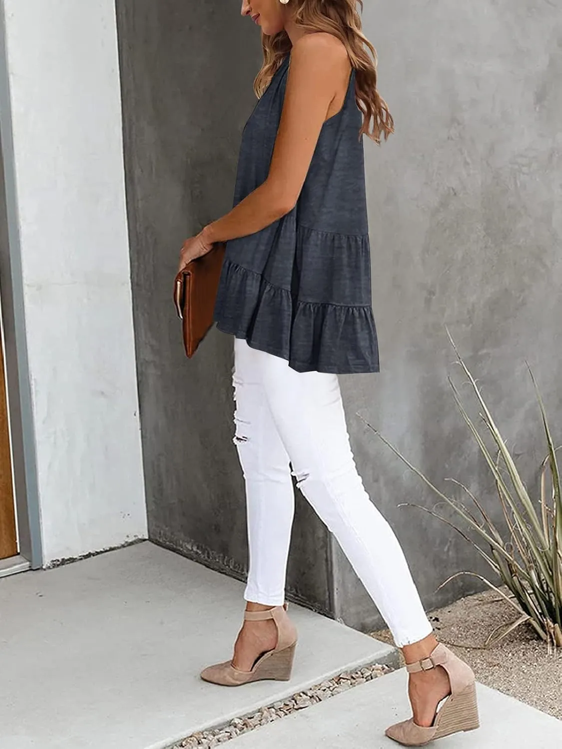 HAEOF Women's Summer Sleeveless Peplum Babydoll Tops Casual Crew Neck Flowy Loose Fit Tunic Tank Shirts