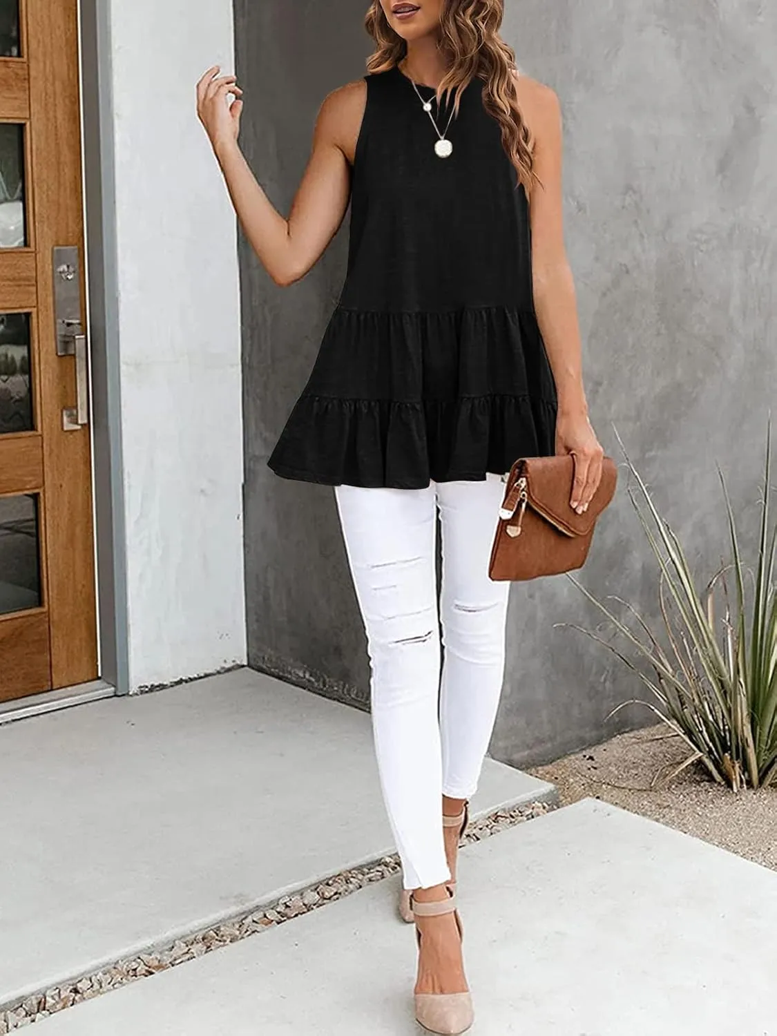 HAEOF Women's Summer Sleeveless Peplum Babydoll Tops Casual Crew Neck Flowy Loose Fit Tunic Tank Shirts