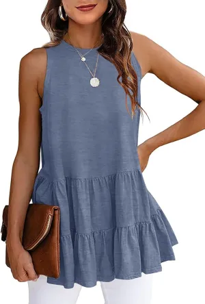 HAEOF Women's Summer Sleeveless Peplum Babydoll Tops Casual Crew Neck Flowy Loose Fit Tunic Tank Shirts