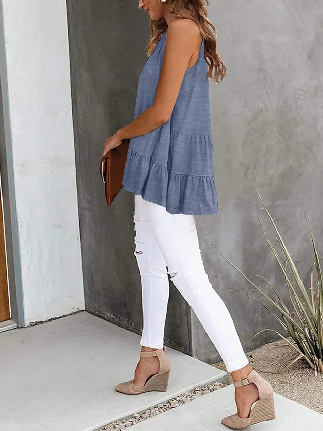 HAEOF Women's Summer Sleeveless Peplum Babydoll Tops Casual Crew Neck Flowy Loose Fit Tunic Tank Shirts