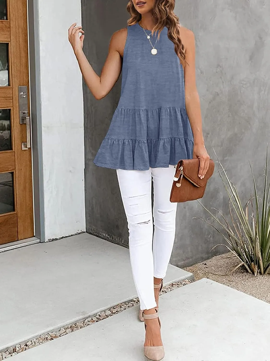 HAEOF Women's Summer Sleeveless Peplum Babydoll Tops Casual Crew Neck Flowy Loose Fit Tunic Tank Shirts