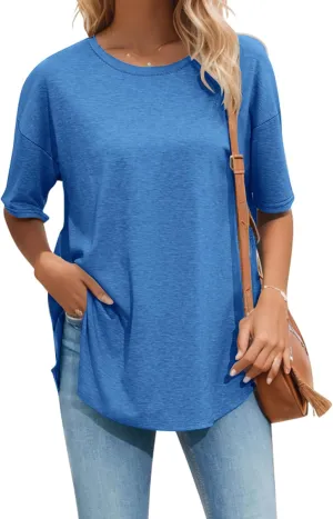 Halife Women's Oversized T Shirts Summer Crew Neck Short Sleeve T-Shirt Split Curved Hem Basic Casual Loose Tunic Tops Tshirt