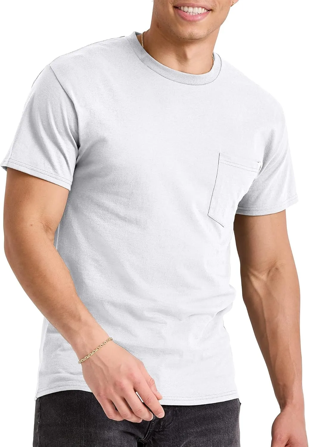 Hanes Men's Essentials Short-Sleeve Pocket T-Shirt Pack, Cotton Crewneck Tee, 3-Pack
