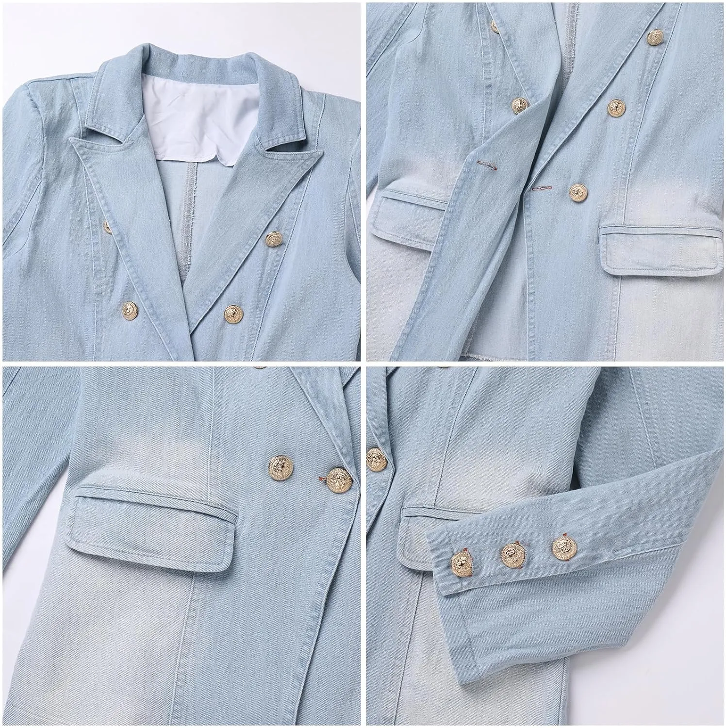 IDOPIP Denim Blazer Jacket for Women Long Sleeve Button Down Casual Work Office Jeans Blazer Open Front Cardigan Blazer Coat