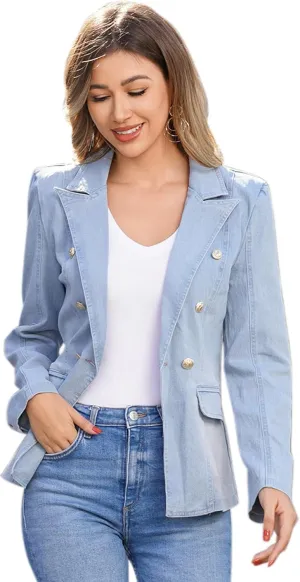IDOPIP Denim Blazer Jacket for Women Long Sleeve Button Down Casual Work Office Jeans Blazer Open Front Cardigan Blazer Coat