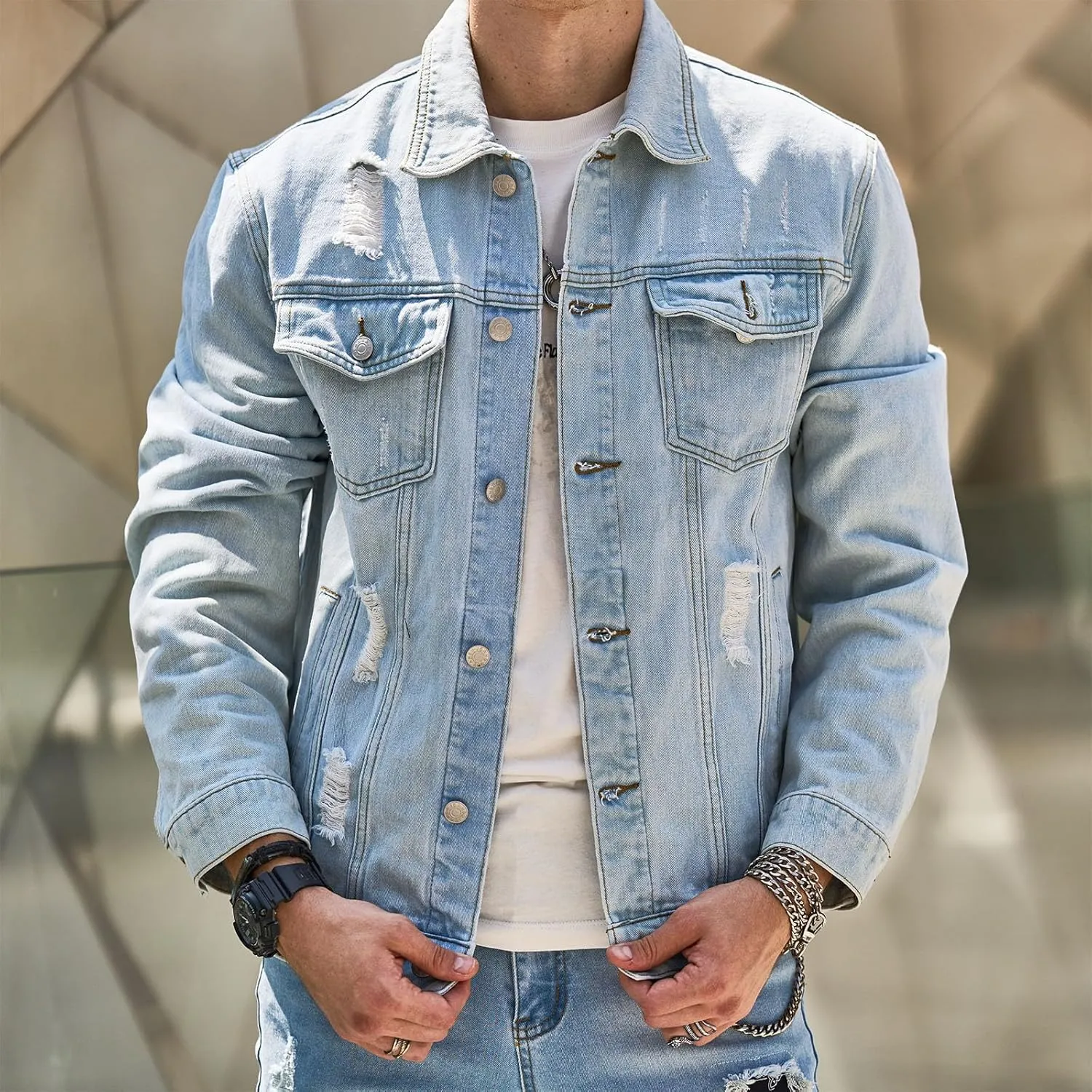 Jean Jacket Men Distressed Ripped Solid Color Button down Denim Jacket Coats Fashion Outerwear with Multiple Pockets