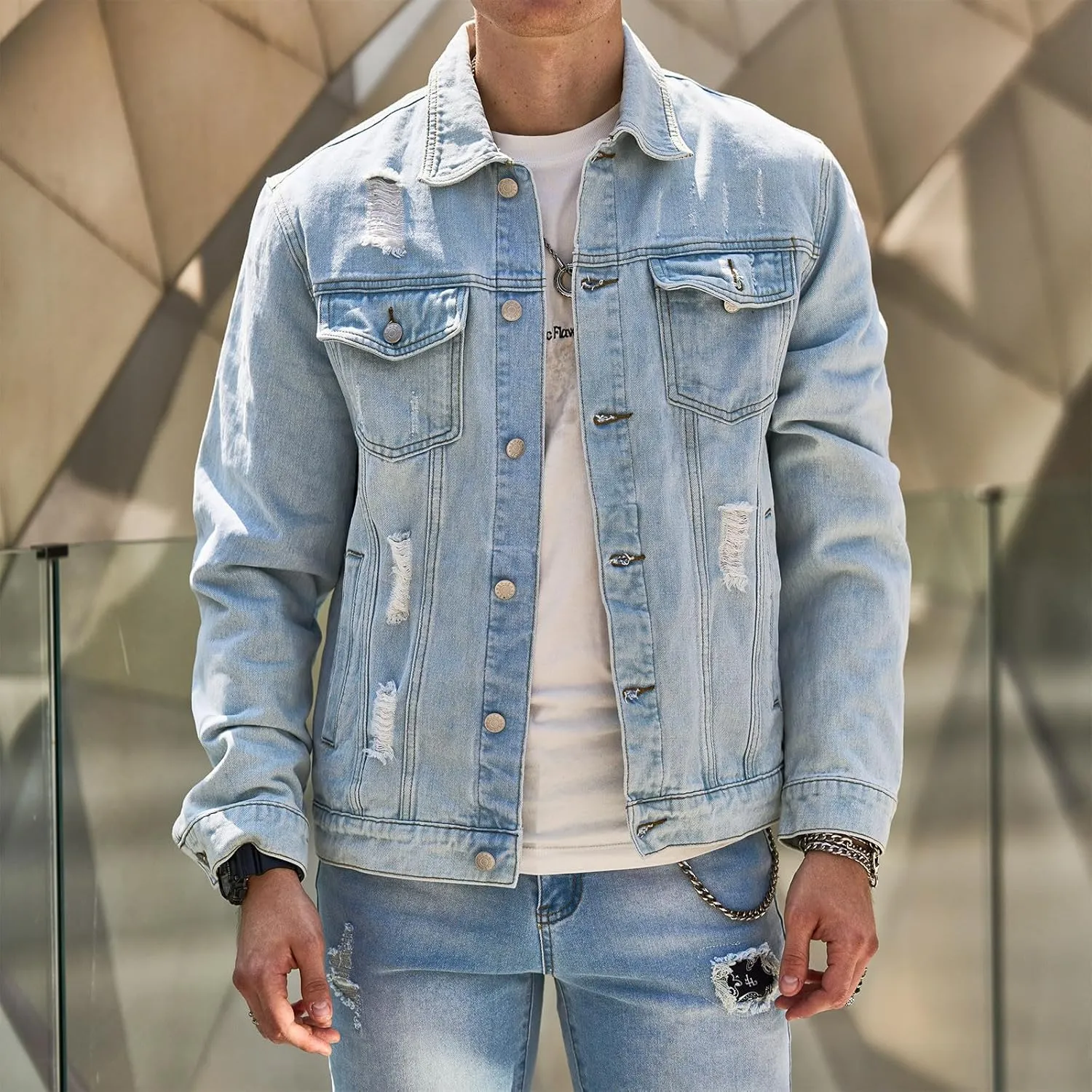 Jean Jacket Men Distressed Ripped Solid Color Button down Denim Jacket Coats Fashion Outerwear with Multiple Pockets
