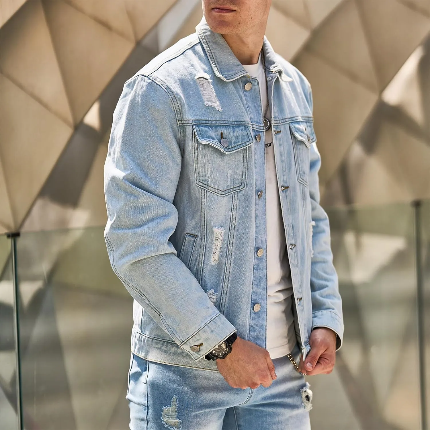 Jean Jacket Men Distressed Ripped Solid Color Button down Denim Jacket Coats Fashion Outerwear with Multiple Pockets