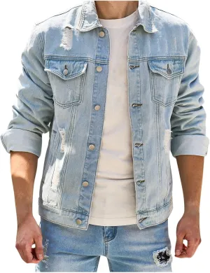Jean Jacket Men Distressed Ripped Solid Color Button down Denim Jacket Coats Fashion Outerwear with Multiple Pockets