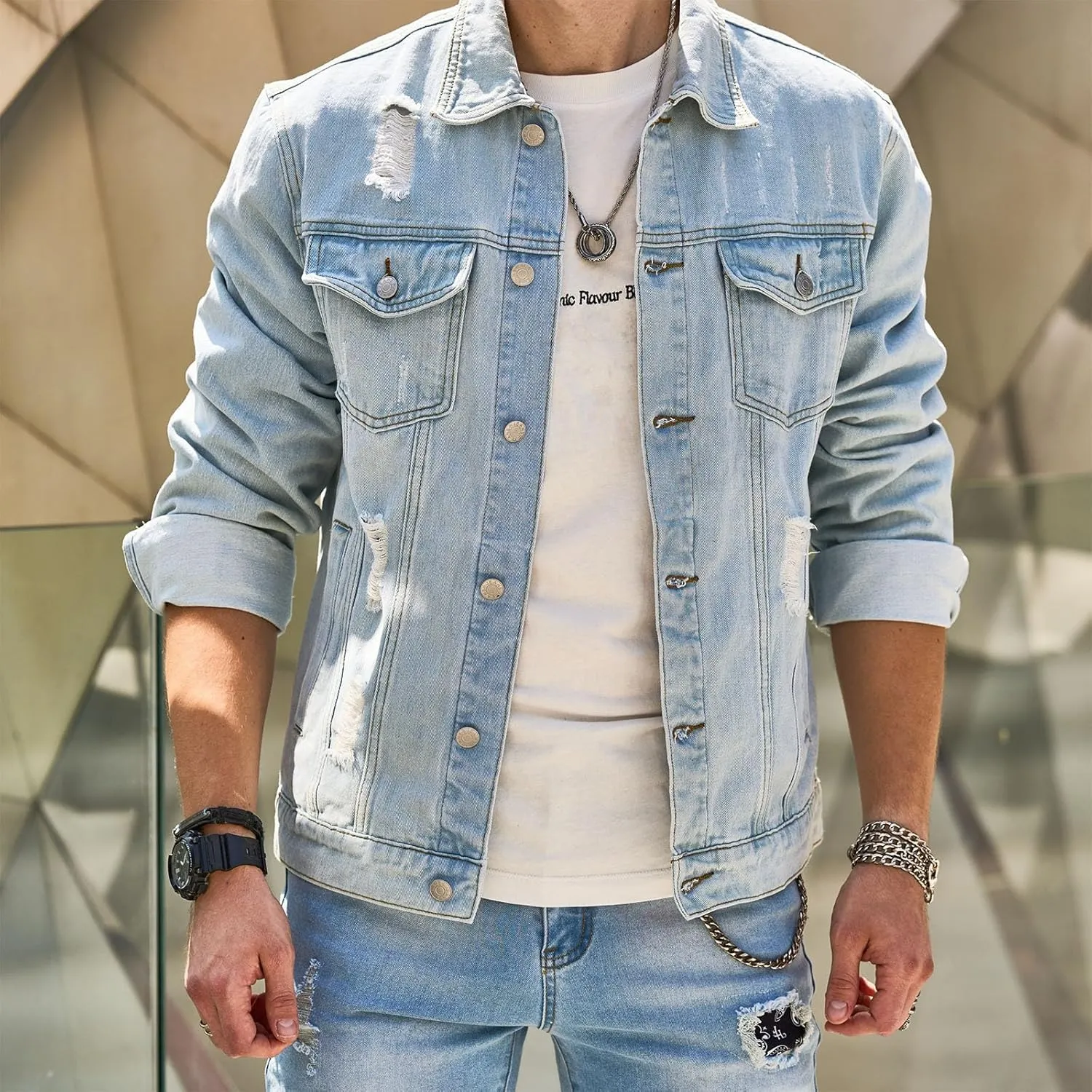 Jean Jacket Men Distressed Ripped Solid Color Button down Denim Jacket Coats Fashion Outerwear with Multiple Pockets