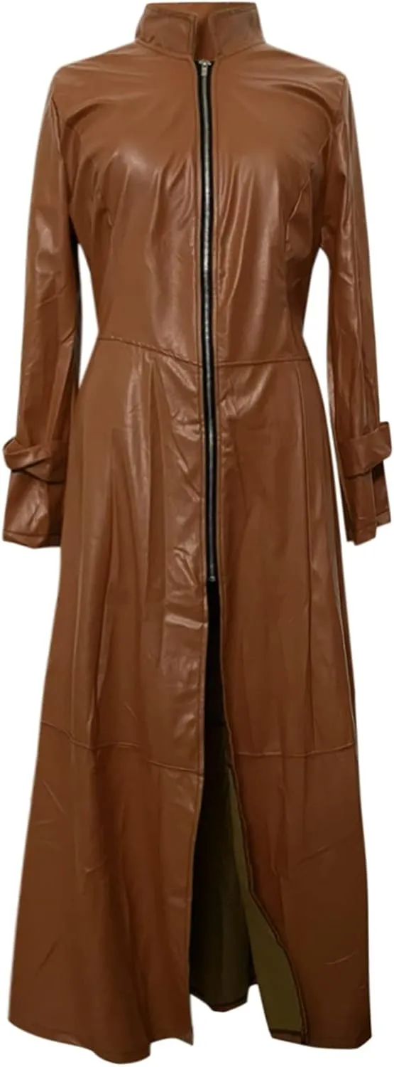 jsaierl Women's Black Leather Trench Coat, 60'S Overcoat, Ankle Length Long Coat, Single Breasted Lapel Jackets Coat Outwear