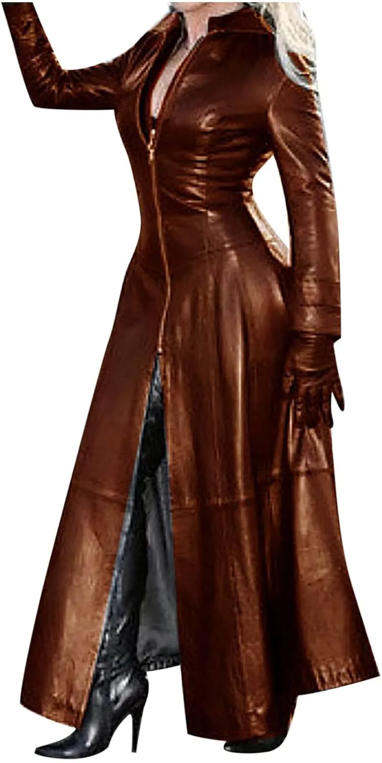 jsaierl Women's Black Leather Trench Coat, 60'S Overcoat, Ankle Length Long Coat, Single Breasted Lapel Jackets Coat Outwear
