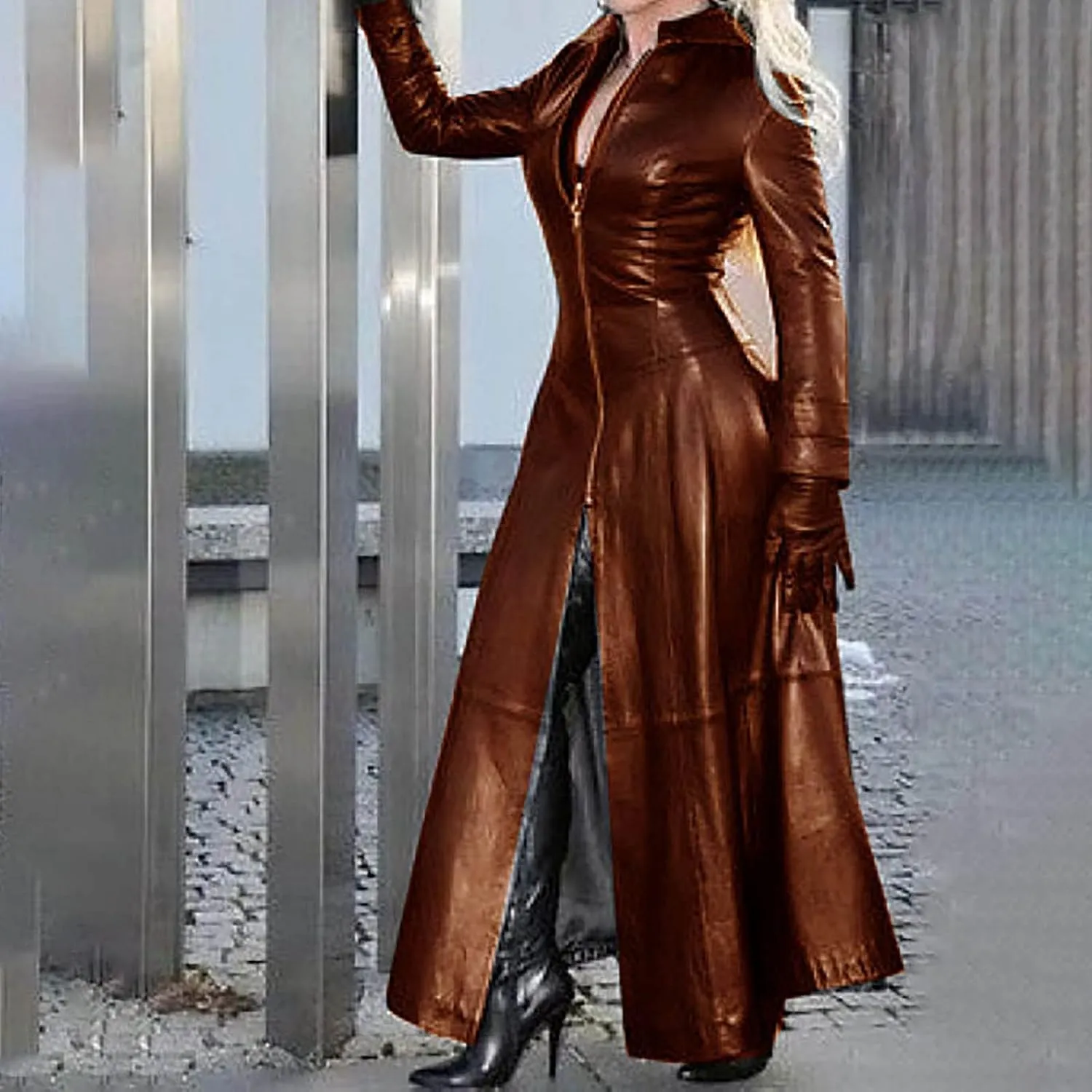 jsaierl Women's Black Leather Trench Coat, 60'S Overcoat, Ankle Length Long Coat, Single Breasted Lapel Jackets Coat Outwear
