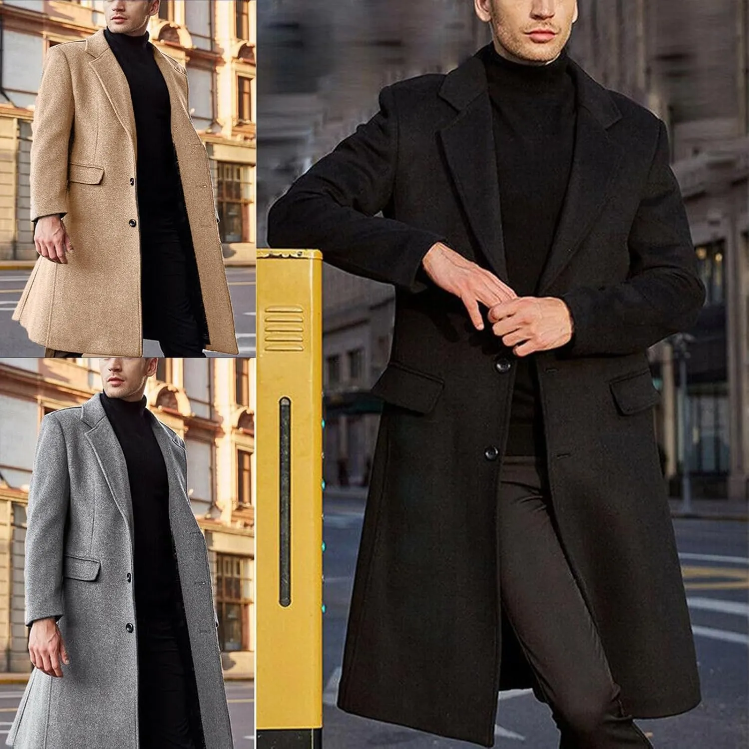 KELYWELL Mens Notched Lapel Trench Coat Winter Thick Slim Fit Trench Coats Long Warm Classic Business Overcoat