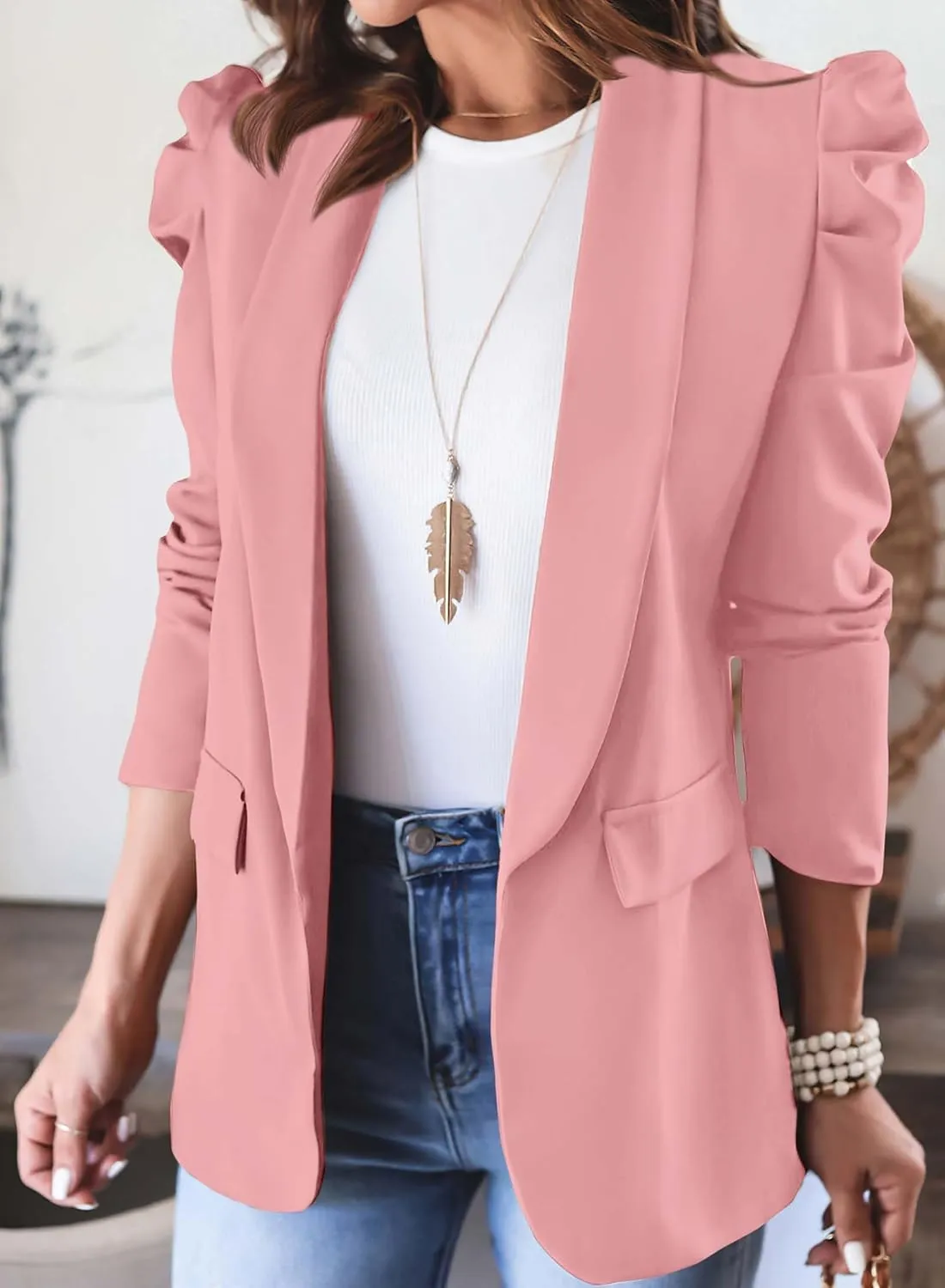 KIRUNDO Women's 2025 Spring Fall Casual Blazers Puff Sleeve Lapel Open Front Work Suit Office Blazer Jackets with Pockets