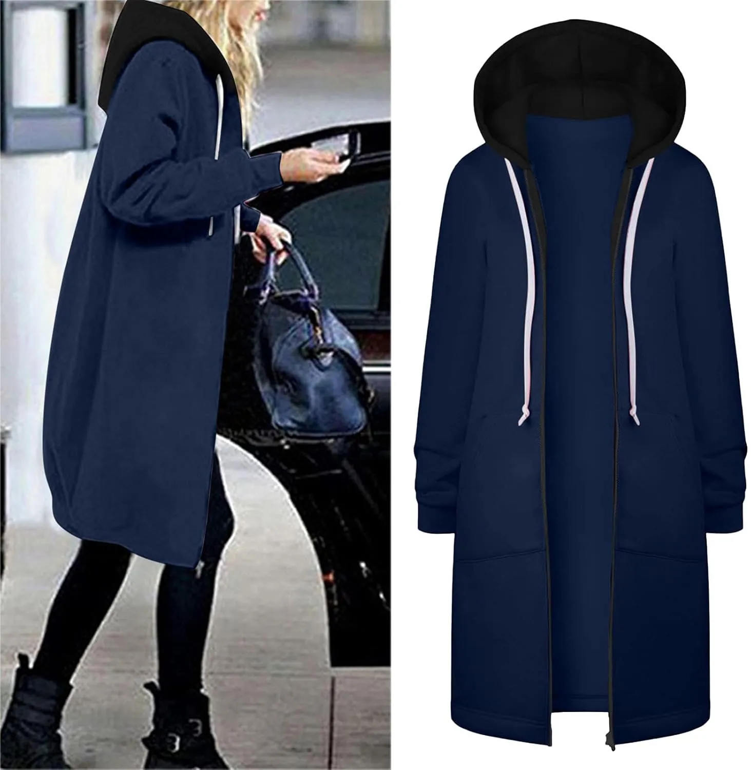 Lapel Collar Zipper Hoodies Sweatshirt Warm Long Solid Color Pocket Coat Jacket Causal Fashion Single-Breasted