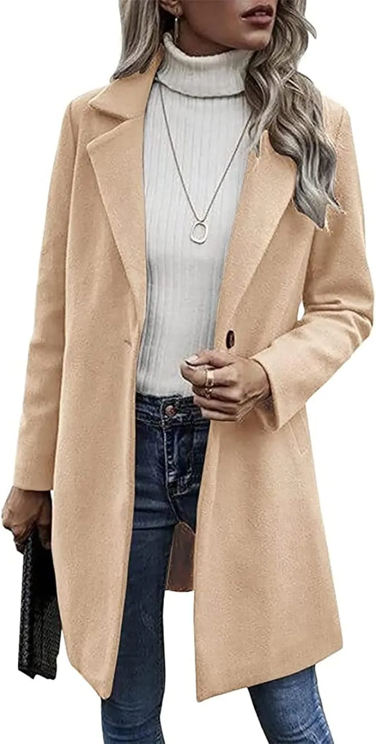 Lastesso Women's Solid Long Sleeve Trench Coat Open Front Loose Fit Cardigans Plaid Lapel Notched Collar Outerwear Comfy Coat