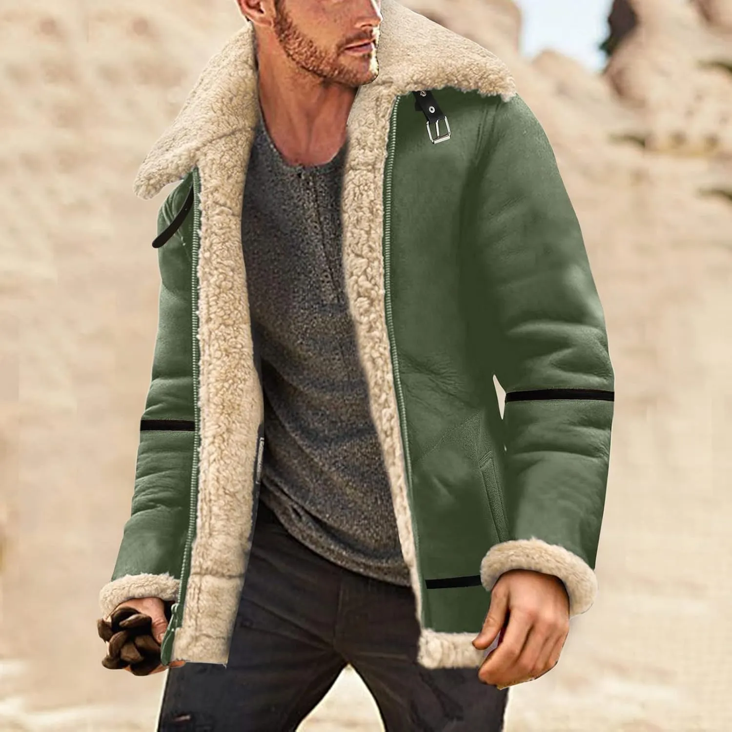 LCMTWX Men's Winter Thickened Warm Coats Solid Color Lapel Long Sleeve Coat Cardigan Plush Long Coat Mens Winter Coats