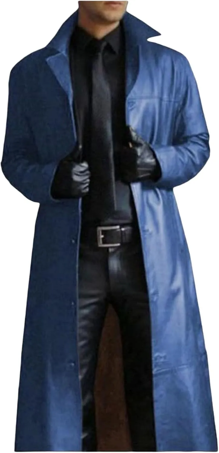 Leather Coat Men Full Length Vintage Classic Faux Leather Long Leather Jacket Notched Collar Long Trench Coat Overcoat