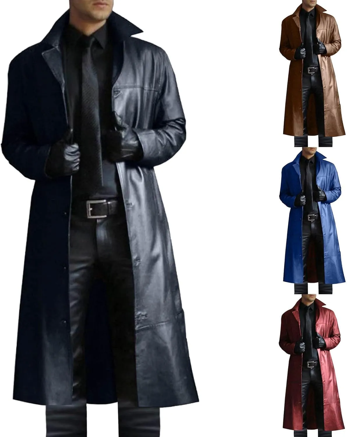 Leather Coat Men Full Length Vintage Classic Faux Leather Long Leather Jacket Notched Collar Long Trench Coat Overcoat