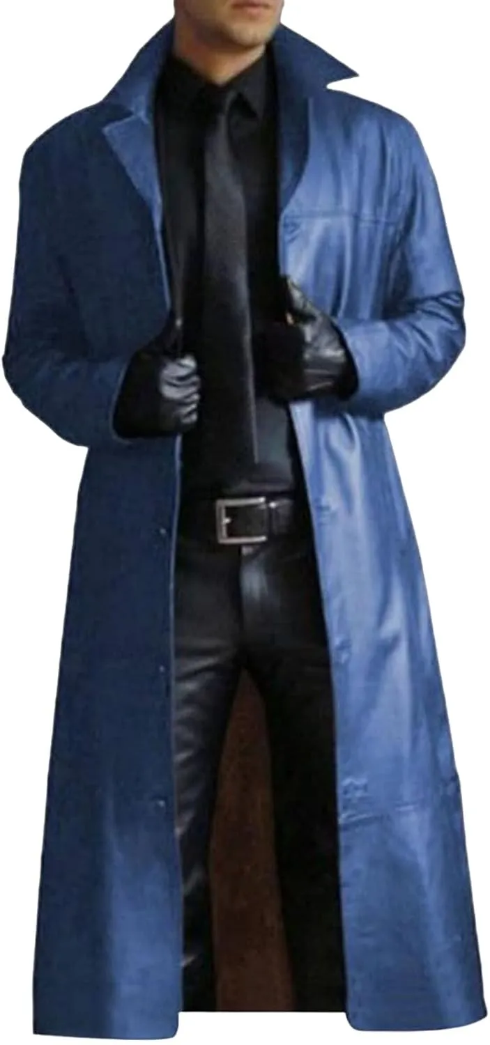 Leather Coat Men Full Length Vintage Classic Faux Leather Long Leather Jacket Notched Collar Long Trench Coat Overcoat
