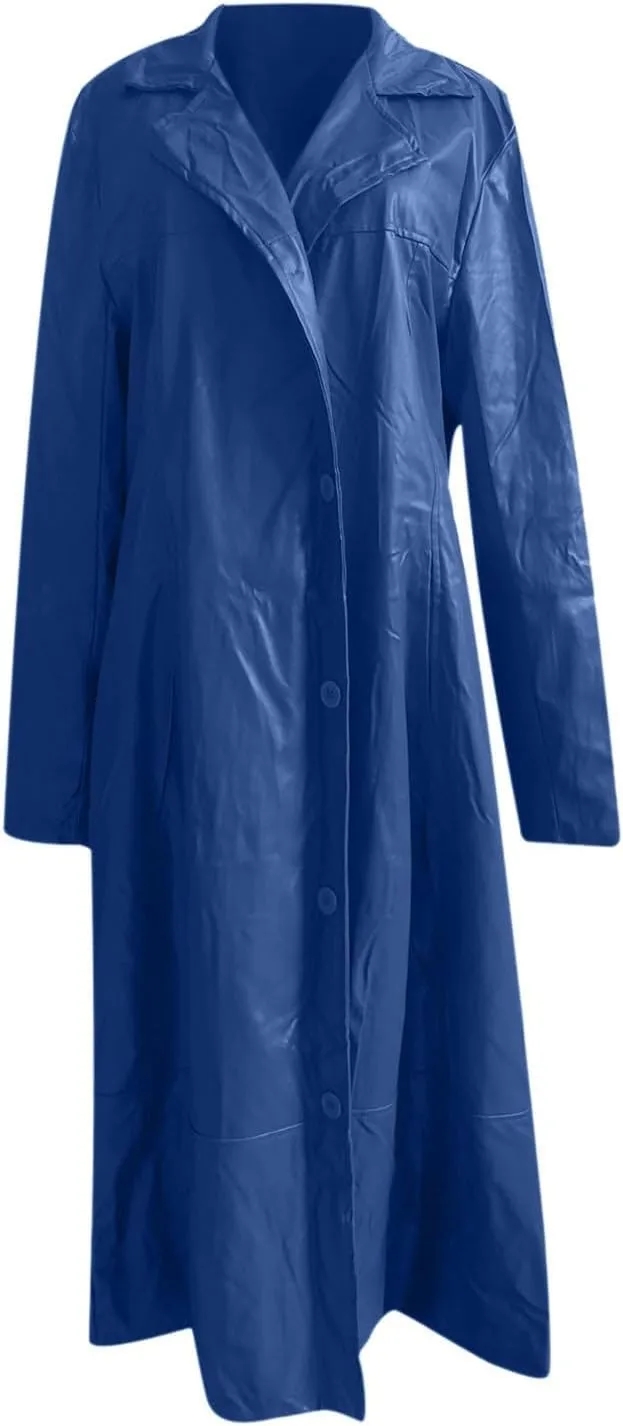 Leather Coat Men Full Length Vintage Classic Faux Leather Long Leather Jacket Notched Collar Long Trench Coat Overcoat