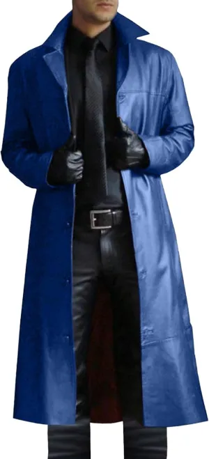 Leather Coat Men Full Length Vintage Classic Faux Leather Long Leather Jacket Notched Collar Long Trench Coat Overcoat