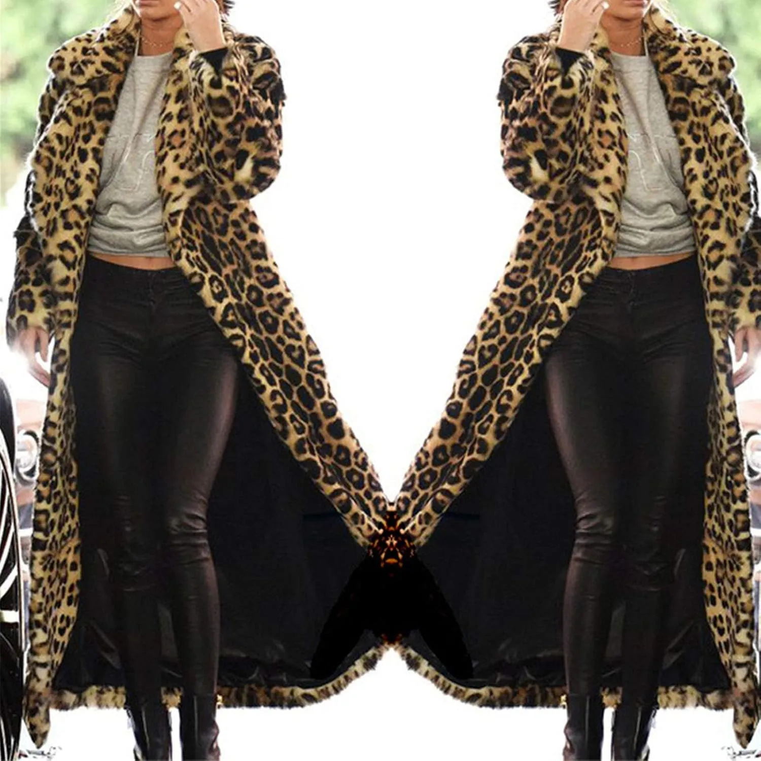 Leopard Print Cardigan for Women Winter Luxury Faux Fur Warm Coats Open Front Long Sleeve Dressy Shaggy Jackets