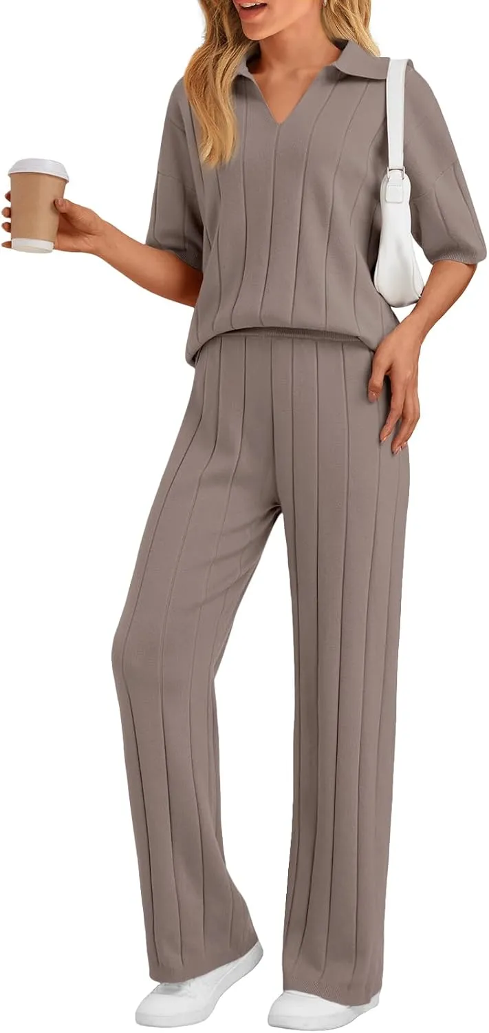 LILLUSORY Womens 2 Piece Ribbed Knit Lounge Sets Casual V Neck Top Pants Vacation Outfits