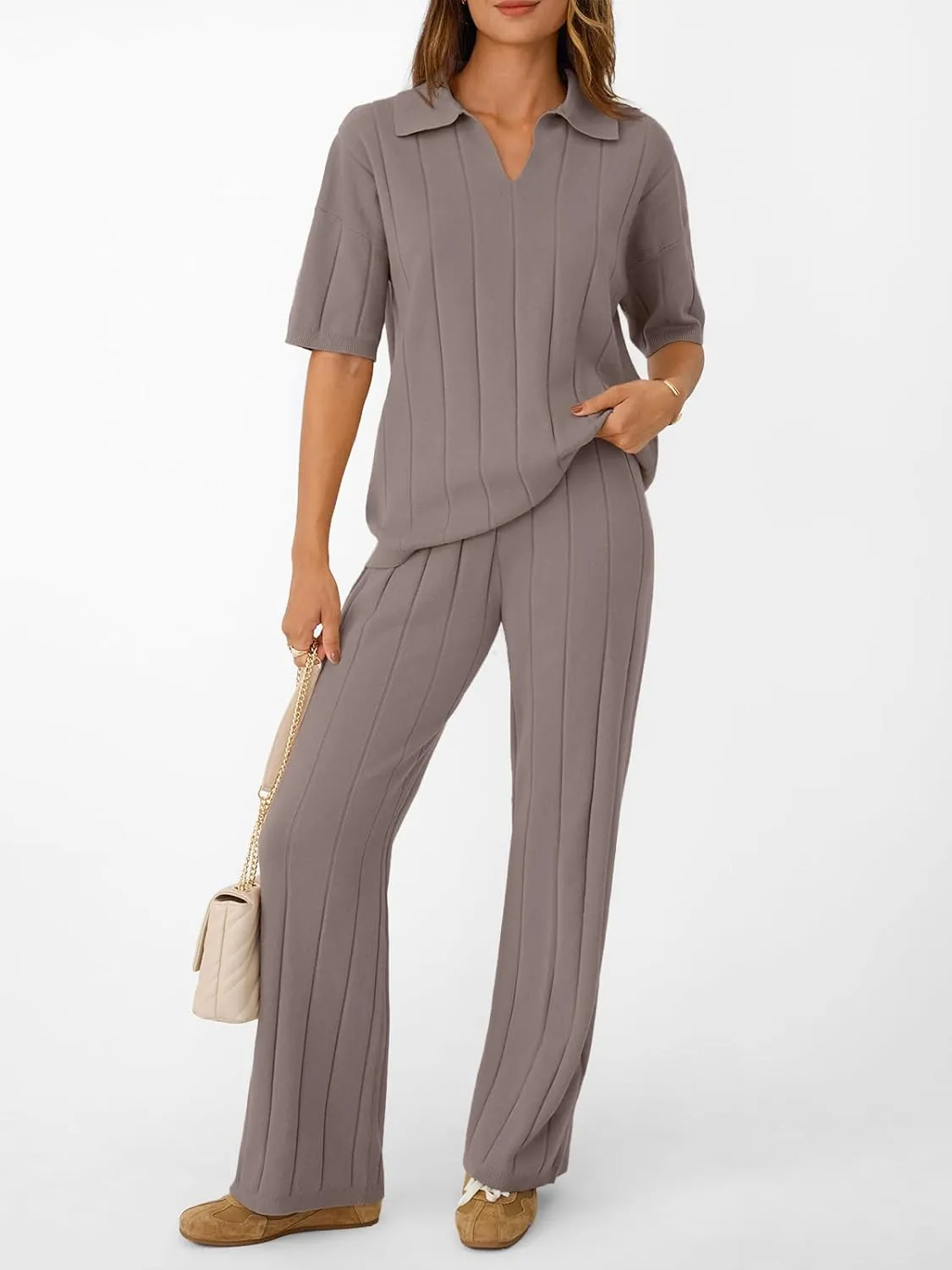 LILLUSORY Womens 2 Piece Ribbed Knit Lounge Sets Casual V Neck Top Pants Vacation Outfits