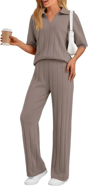 LILLUSORY Womens 2 Piece Ribbed Knit Lounge Sets Casual V Neck Top Pants Vacation Outfits