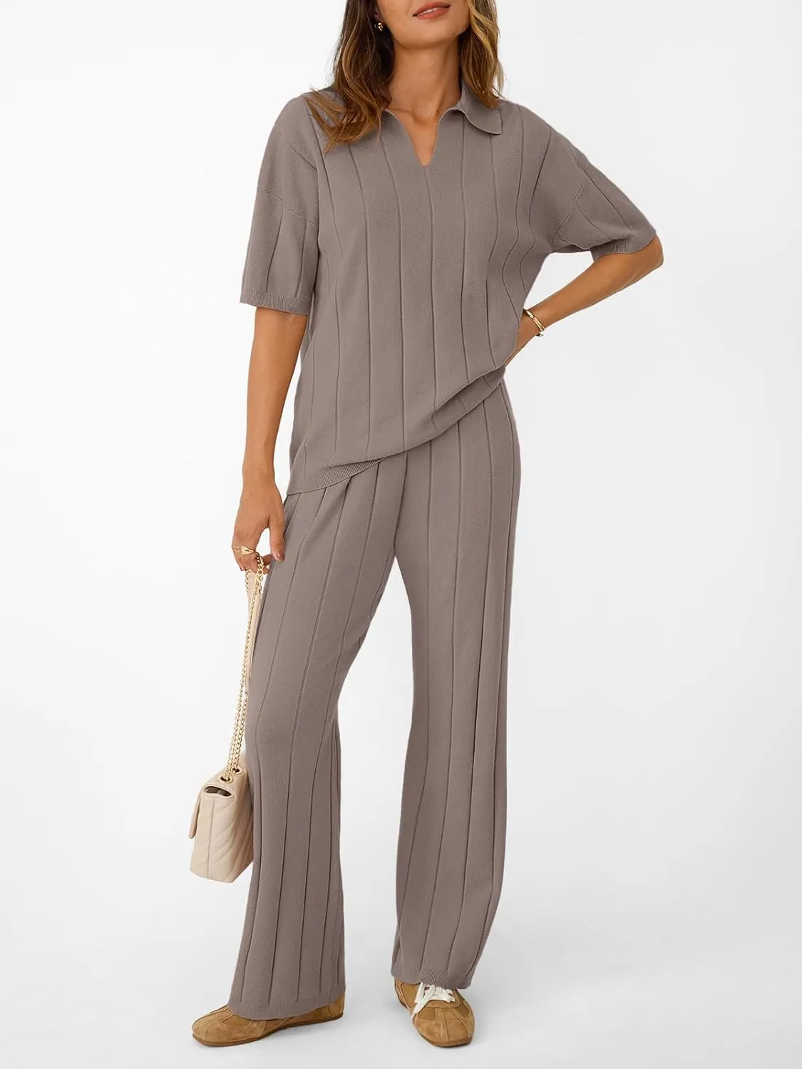 LILLUSORY Womens 2 Piece Ribbed Knit Lounge Sets Casual V Neck Top Pants Vacation Outfits