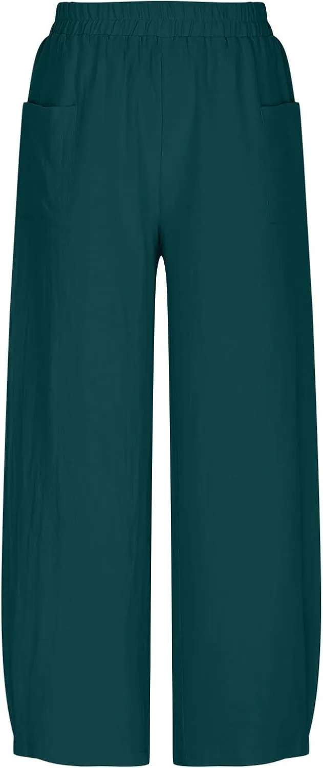 Linen Pants for Women 2025 Trendy Elastic High Waist Loose Fit Trouser Summer Breathable Lounge Pocket Wide Leg Pant