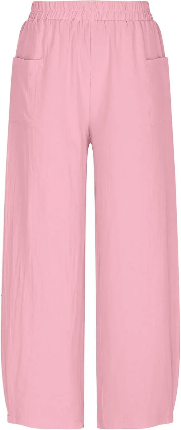 Linen Pants for Women 2025 Trendy Elastic High Waist Loose Fit Trouser Summer Breathable Lounge Pocket Wide Leg Pant