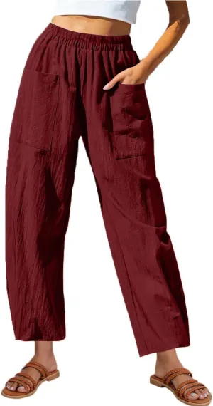 Linen Pants for Women 2025 Trendy Elastic High Waist Loose Fit Trouser Summer Breathable Lounge Pocket Wide Leg Pant