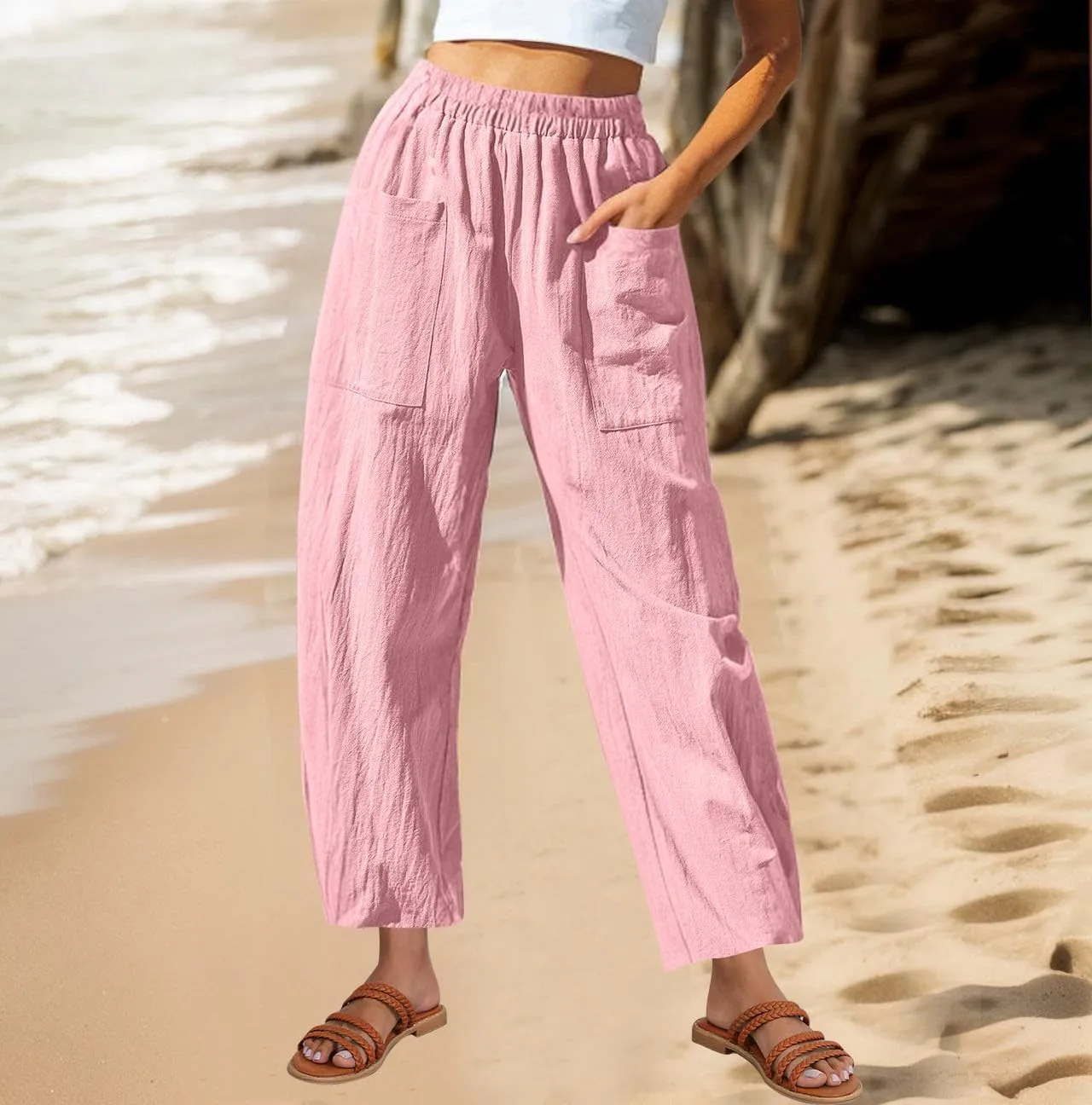 Linen Pants for Women 2025 Trendy Elastic High Waist Loose Fit Trouser Summer Breathable Lounge Pocket Wide Leg Pant