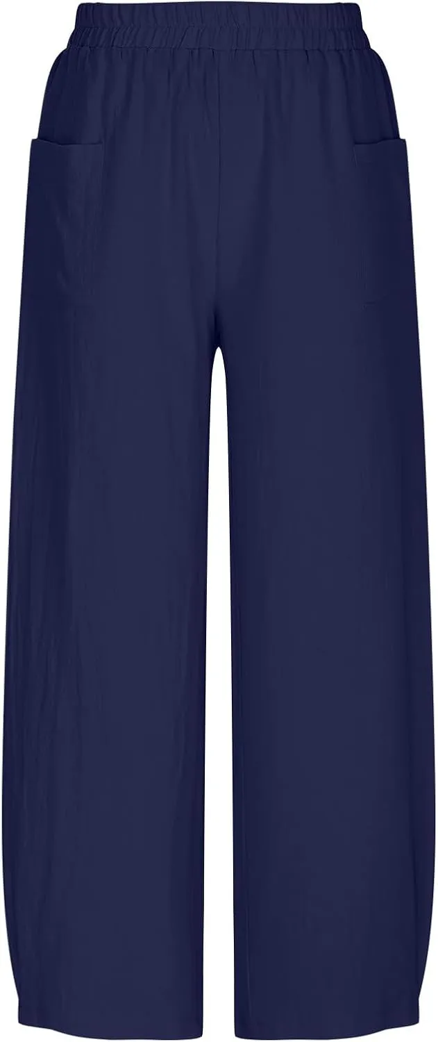 Linen Pants for Women 2025 Trendy Elastic High Waist Loose Fit Trouser Summer Breathable Lounge Pocket Wide Leg Pant