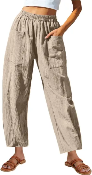 Linen Pants for Women 2025 Trendy Elastic High Waist Loose Fit Trouser Summer Breathable Lounge Pocket Wide Leg Pant