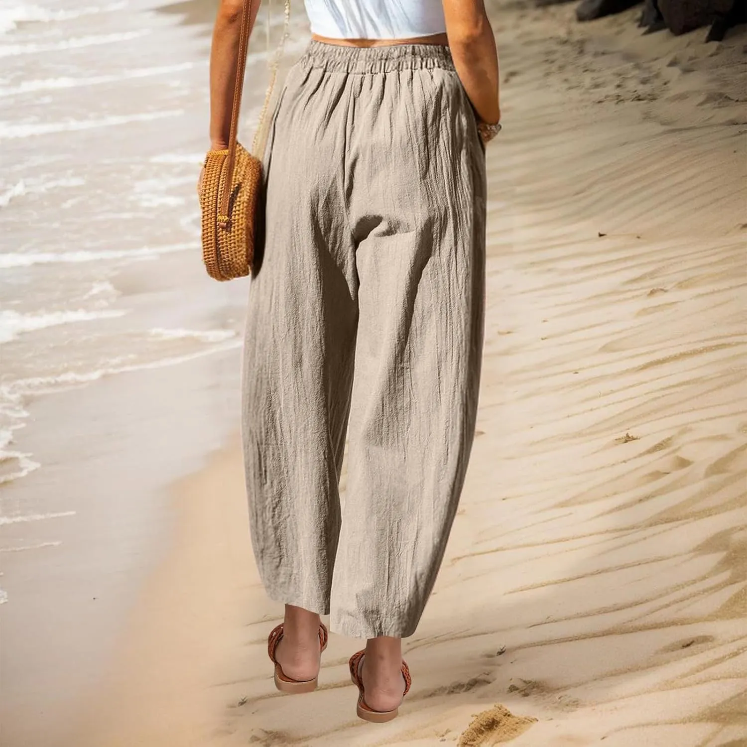 Linen Pants for Women 2025 Trendy Elastic High Waist Loose Fit Trouser Summer Breathable Lounge Pocket Wide Leg Pant
